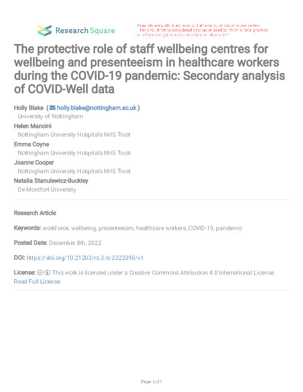 The protective role of staff wellbeing centres for wellbeing and presenteeism in healthcare workers during the COVID-19 pandemic: Secondary analysis of COVID-Well data  Thumbnail