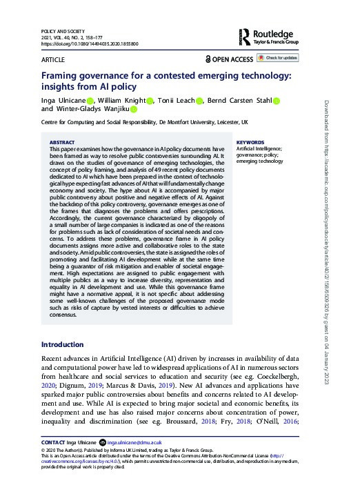 Framing governance for a contested emerging technology:insights from AI policy Thumbnail