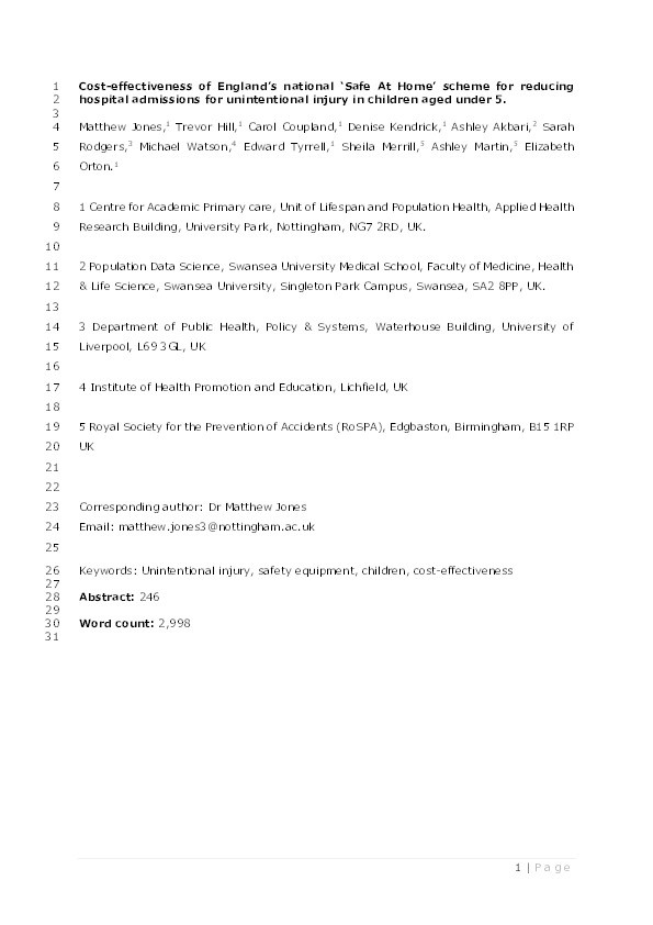 Cost-effectiveness of England's national 'Safe At Home' scheme for reducing hospital admissions for unintentional injury in children aged under 5 Thumbnail