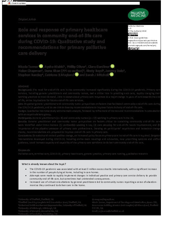 Role and response of primary healthcare services in community end-of-life care during COVID-19: Qualitative study and recommendations for primary palliative care delivery Thumbnail