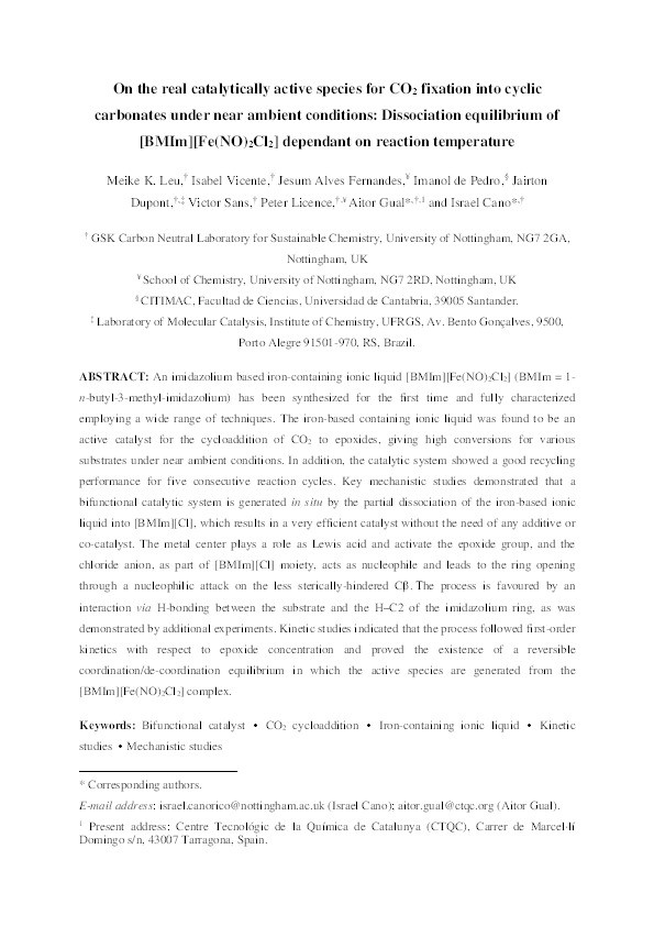 On the real catalytically active species for CO2 fixation into cyclic carbonates under near ambient conditions: dissociation equilibrium of [BMIm][Fe(NO)2Cl2] dependant on reaction temperature Thumbnail