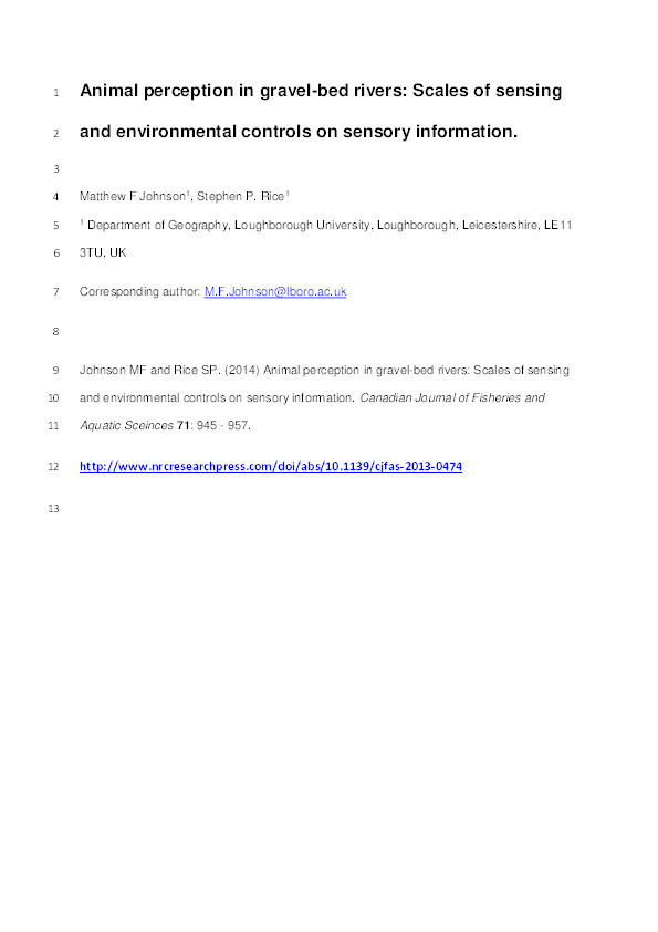 Animal perception in gravel-bed rivers: scales of sensing and environmental controls on sensory information Thumbnail