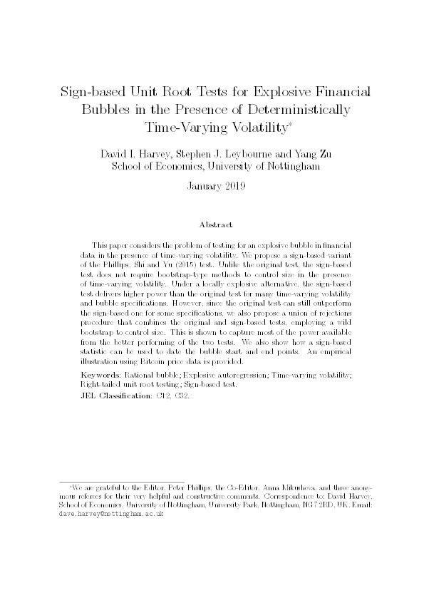 Sign-based Unit Root Tests for Explosive Financial Bubbles in the Presence of Deterministically Time-Varying Volatility Thumbnail