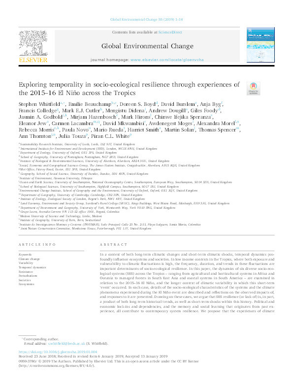 Exploring temporality in socio-ecological resilience through experiences of the 2015/16 El Niño across the tropics Thumbnail