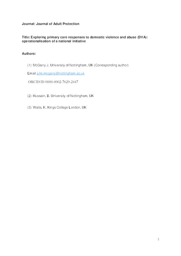 Exploring primary care responses to domestic violence and abuse (DVA): operationalisation of a national initiative Thumbnail