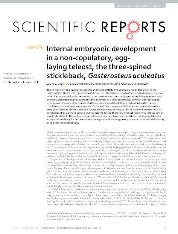 Internal embryonic development in a non-copulatory, egg-laying teleost, the three-spined stickleback, Gasterosteus aculeatus Thumbnail