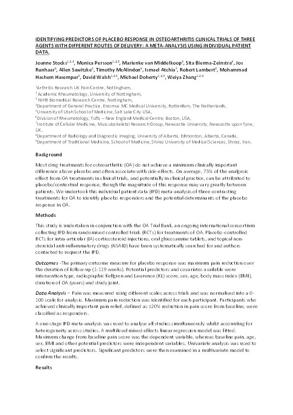 Identifying predictors of placebo response in osteoarthritis clinical trials of three agents with different routes of delivery: a meta-analysis using individual patient data Thumbnail