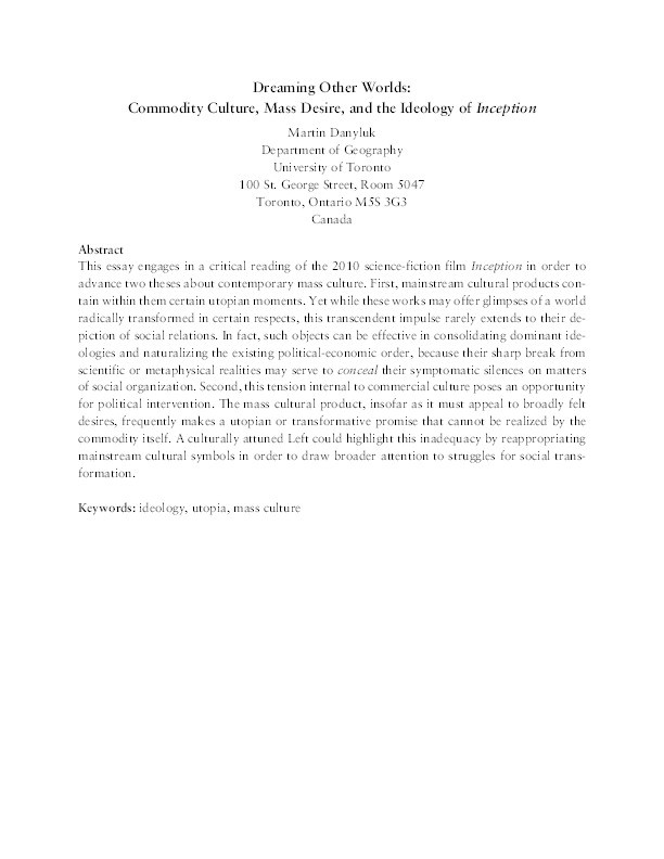 Dreaming Other Worlds: Commodity Culture, Mass Desire, and the Ideology of Inception Thumbnail