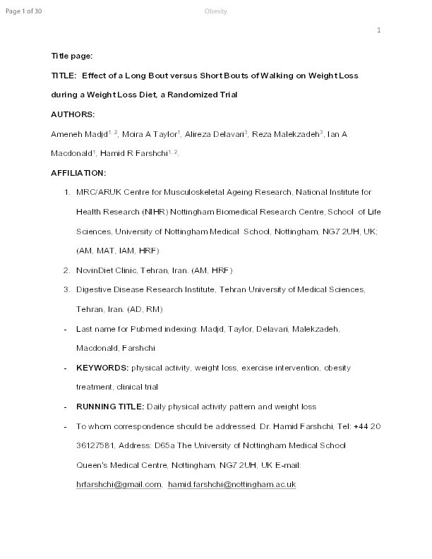 Effect of a long bout versus short bouts of walking on weight loss during a weight loss diet: a randomized trial Thumbnail