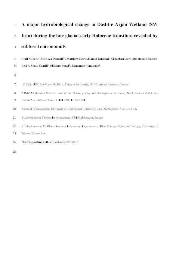 A major hydrobiological change in Dasht-e Arjan Wetland (SW Iran) during the late glacial-early Holocene transition revealed by subfossil chironomids Thumbnail