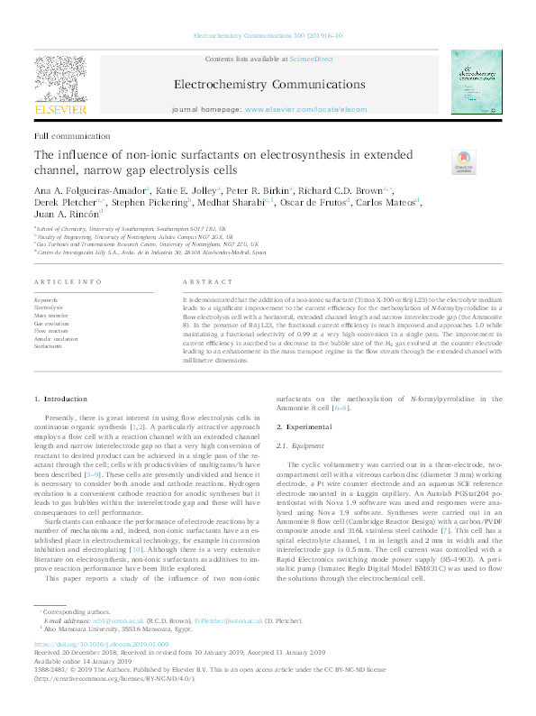 The influence of non-ionic surfactants on electrosynthesis in extended channel, narrow gap electrolysis cells Thumbnail