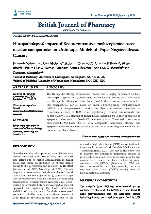 Histopathological impact of Redox-responsive methacrylamide based micellar nanoparticles on Orthotopic Models of Triple Negative Breast Cancers Thumbnail