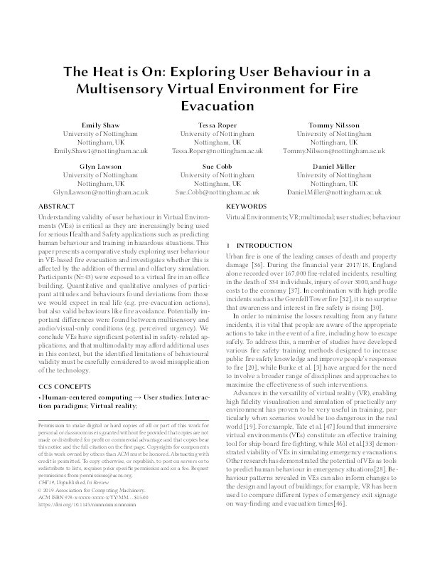 The heat is on: exploring user behaviour in a multisensory virtual environment for fire evacuation Thumbnail