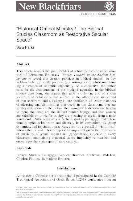 “Historical-Critical Ministry? The Biblical Studies Classroom as Restorative Secular Space” Thumbnail