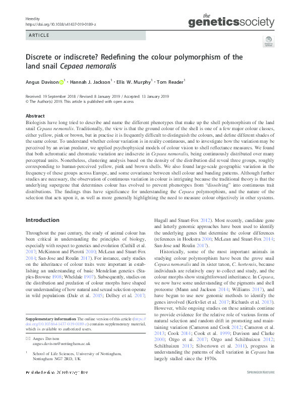 Discrete or indiscrete? Redefining the colour polymorphism of the land snail Cepaea nemoralis Thumbnail
