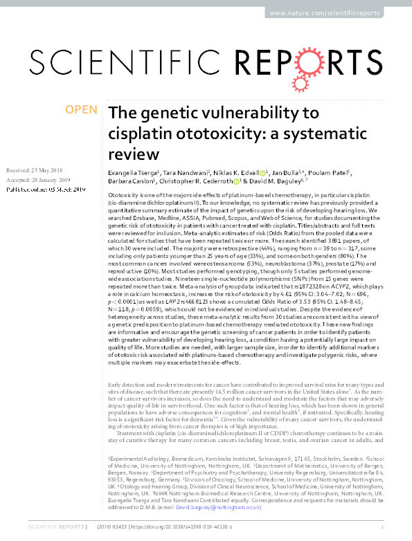 The genetic vulnerability to cisplatin ototoxicity: a systematic review Thumbnail