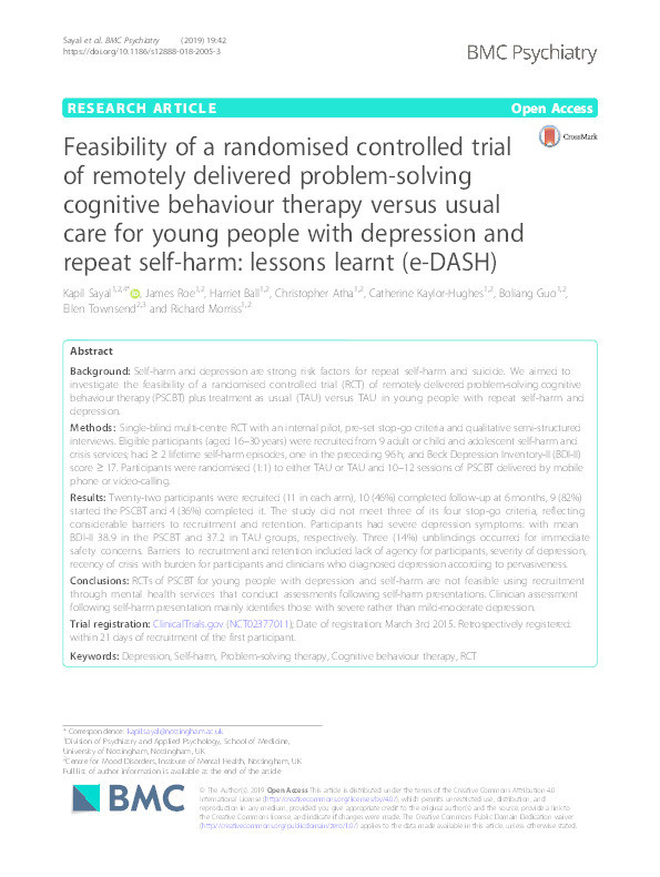 Feasibility of a randomised controlled trial of remotely delivered problem-solving cognitive behaviour therapy versus usual care for young people with depression and repeat self-harm: lessons learnt (e-DASH) Thumbnail