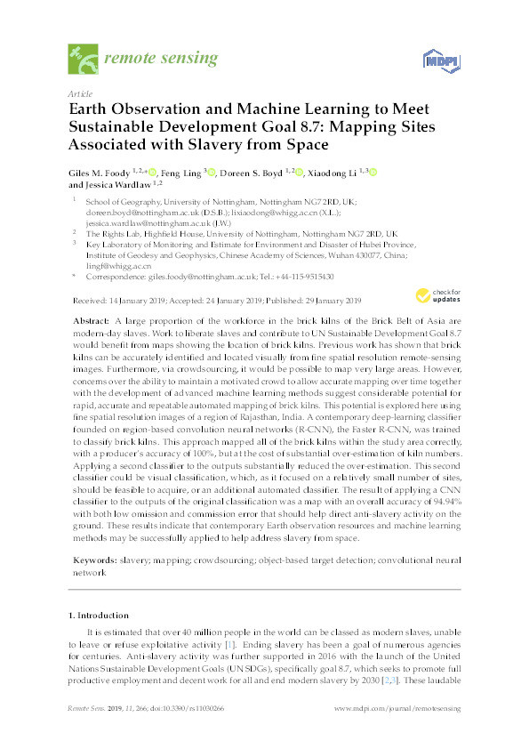 Earth observation and machine learning to meet Sustainable Development Goal 8.7: mapping sites associated with slavery from space Thumbnail