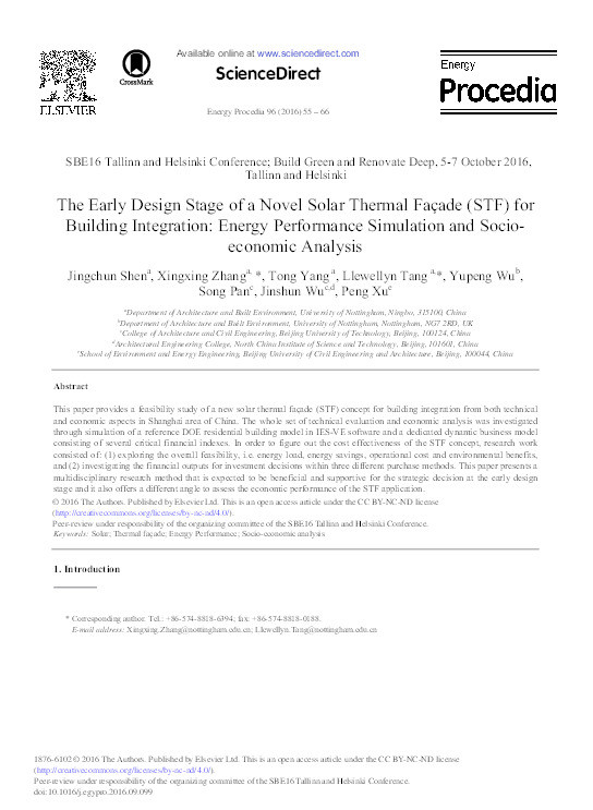 The early design stage of a novel Solar Thermal Façade (STF) for building integration: energy performance simulation and socio-economic analysis Thumbnail