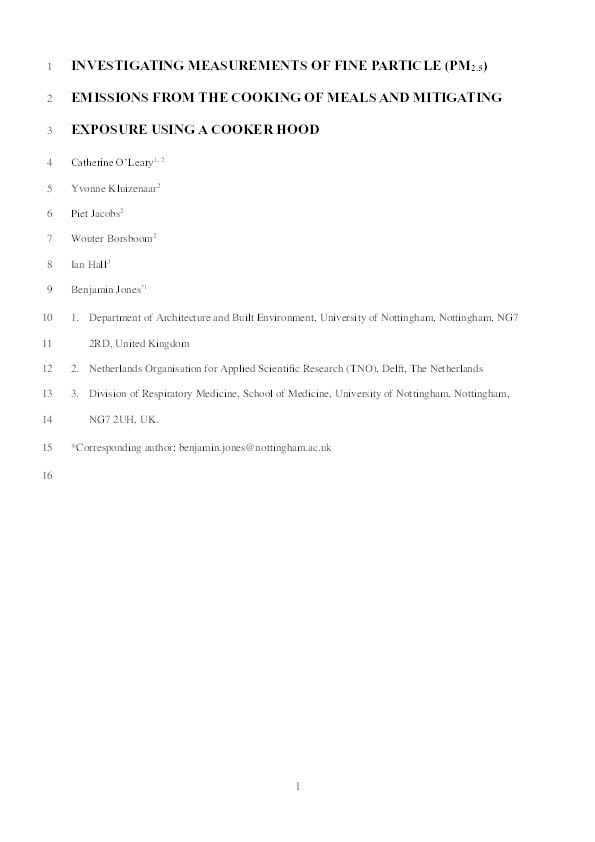 Investigating measurements of fine particle (PM2.5) emissions from the cooking of meals and  mitigating exposure using a cooker hood Thumbnail
