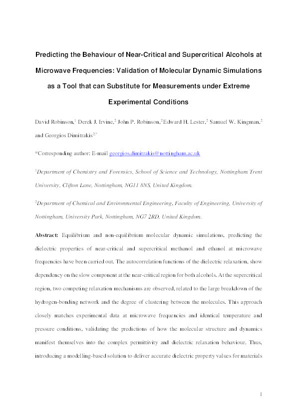 Predicting the Behaviour of Near-Critical and Supercritical Alcohols at Microwave Frequencies: Validation of Molecular Dynamic Simulations as a Tool that can Substitute for Measurements under Extreme Experimental Conditions Thumbnail