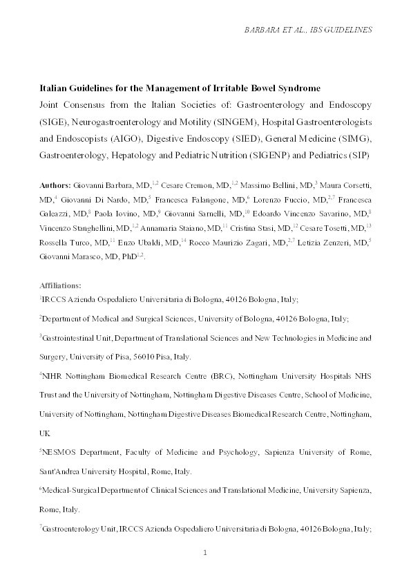 Italian guidelines for the management of irritable bowel syndrome: Joint Consensus from the Italian Societies of: Gastroenterology and Endoscopy (SIGE), Neurogastroenterology and Motility (SINGEM), Hospital Gastroenterologists and Endoscopists (AIGO), Digestive Endoscopy (SIED), General Medicine (SIMG), Gastroenterology, Hepatology and Pediatric Nutrition (SIGENP) and Pediatrics (SIP) Thumbnail