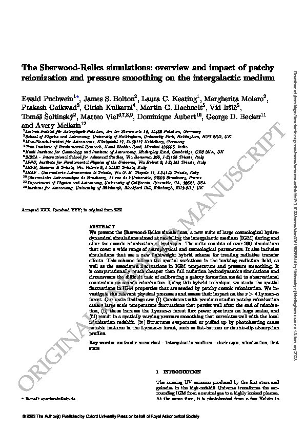 The Sherwood-Relics simulations: overview and impact of patchy reionization and pressure smoothing on the intergalactic medium Thumbnail