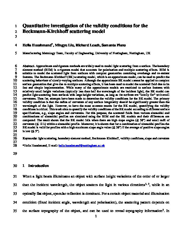 Quantitative investigation of the validity conditions for the Beckmann-Kirchhoff scattering model Thumbnail