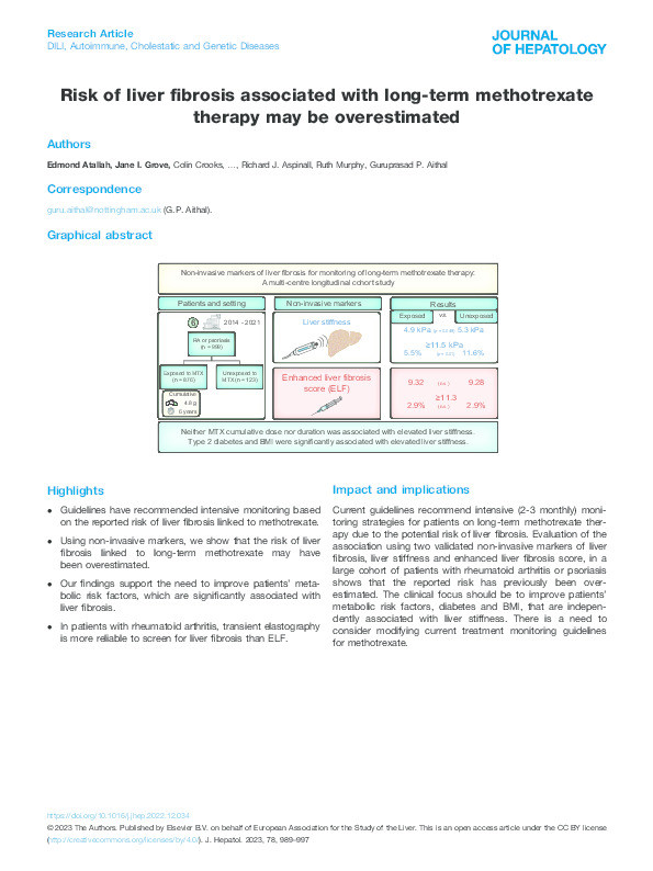 Risk of liver fibrosis associated with long-term methotrexate therapy may be overestimated Thumbnail