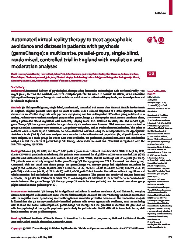 Automated virtual reality therapy to treat agoraphobic avoidance and distress in patients with psychosis (gameChange): a multicentre, parallel-group, single-blind, randomised, controlled trial in England with mediation and moderation analyses Thumbnail