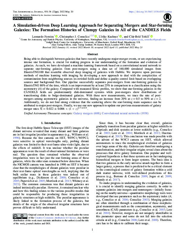 A Simulation-driven Deep Learning Approach for Separating Mergers and Star-forming Galaxies: The Formation Histories of Clumpy Galaxies in All of the CANDELS Fields Thumbnail