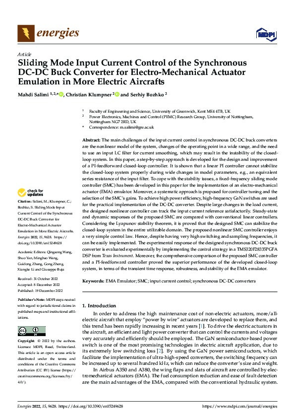 Sliding Mode Input Current Control of the Synchronous DC-DC Buck Converter for Electro-Mechanical Actuator Emulation in More Electric Aircrafts Thumbnail