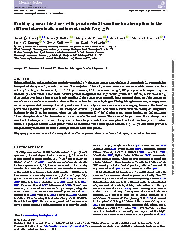 Probing quasar lifetimes with proximate 21-centimetre absorption in the diffuse intergalactic medium at redshifts z ≥ 6 Thumbnail