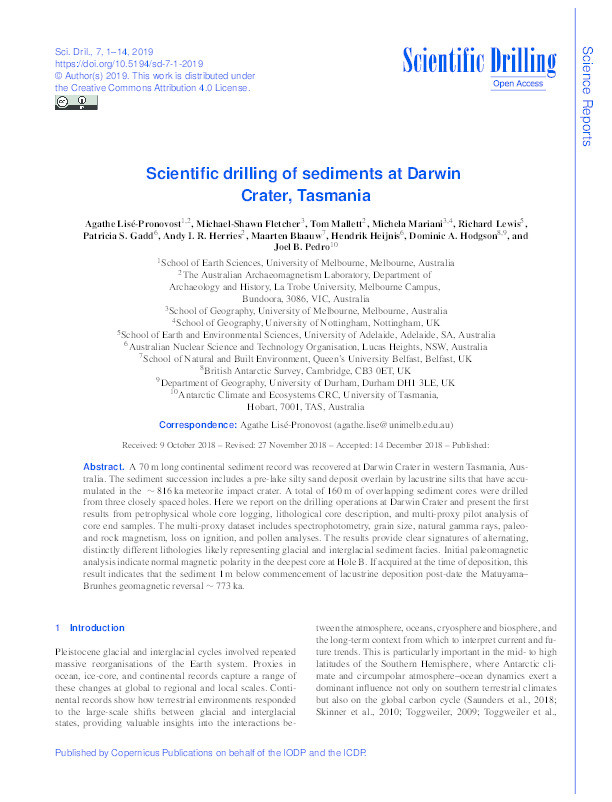 Scientific drilling of sediments at Darwin Crater, Tasmania Thumbnail