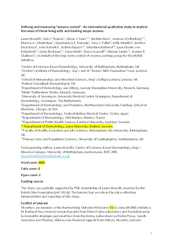 Defining and measuring " eczema control " : an international qualitative study to explore the views of those living with and treating atopic eczema Thumbnail