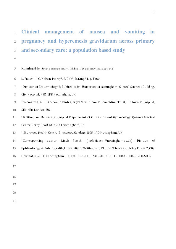 Clinical management of nausea and vomiting in pregnancy and hyperemesis gravidarum across primary and secondary care: a population based study Thumbnail