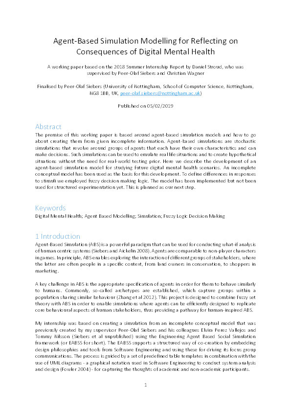 Agent-Based Simulation Modelling for Reflecting on Consequences of Digital Mental Health Thumbnail