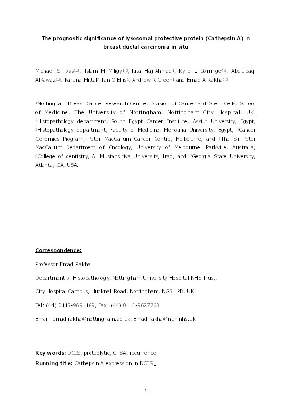 The prognostic significance of lysosomal protective protein (Cathepsin A) in breast ductal carcinoma in situ Thumbnail