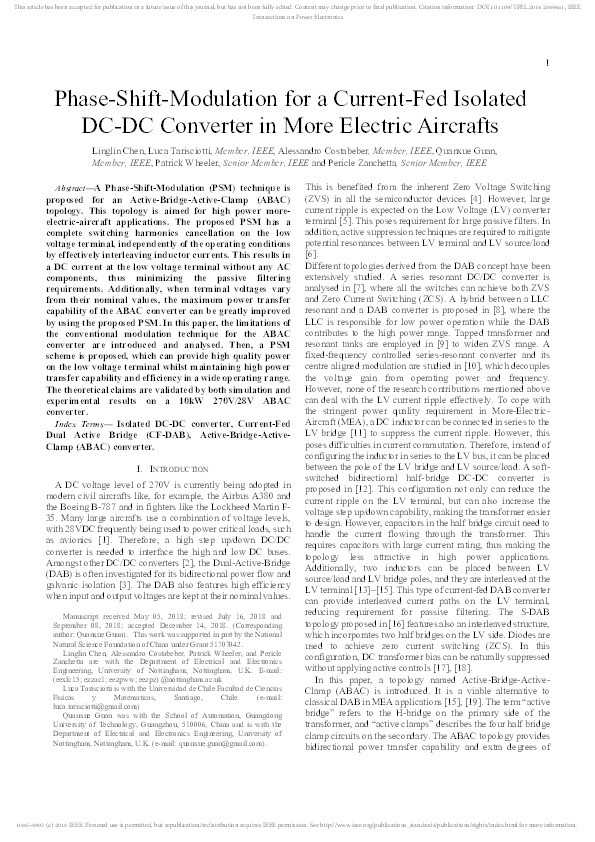 Phase-shift-modulation for a current-fed isolated DC-DC converter in more electric aircraft Thumbnail