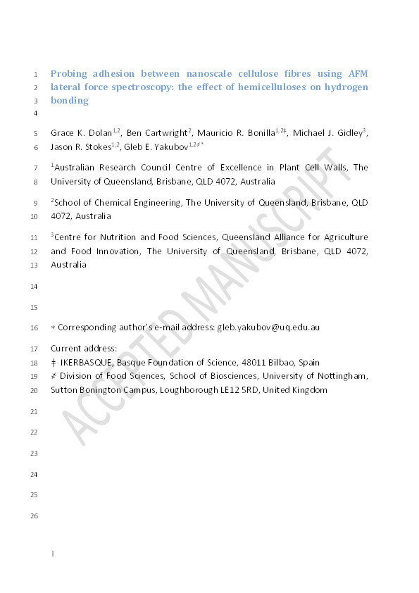 Probing adhesion between nanoscale cellulose fibres using AFM lateral force spectroscopy: the effect of hemicelluloses on hydrogen bonding Thumbnail