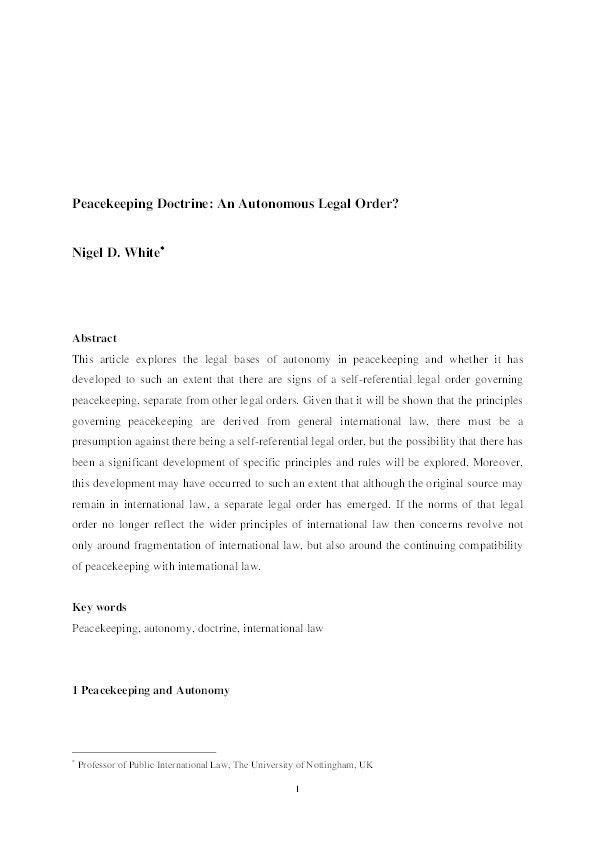 Peacekeeping Doctrine: An Autonomous Legal Order? Thumbnail