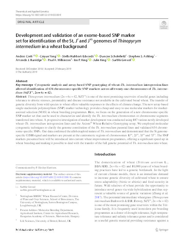 Development and validation of an exome-based SNP marker set for identification of the St, Jr and Jvs genomes of Thinopyrym intermedium in a wheat background Thumbnail