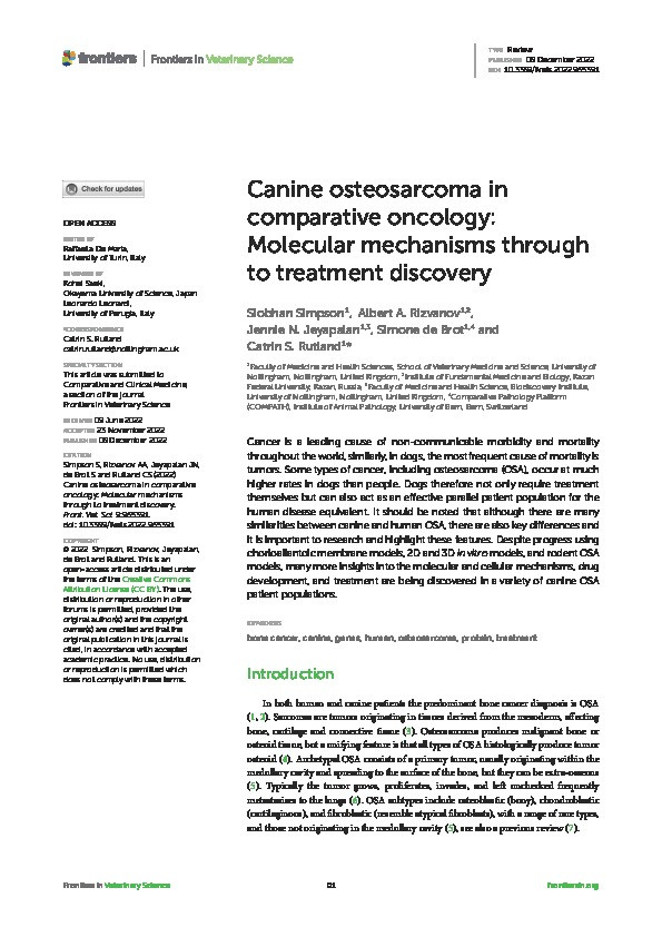 Canine osteosarcoma in comparative oncology: Molecular mechanisms through to treatment discovery Thumbnail