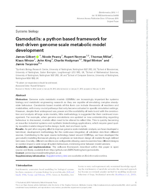 Gsmodutils: a python based framework for test-driven genome scale metabolic model development Thumbnail