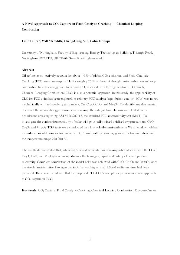 A novel approach to CO2 capture in Fluid Catalytic Cracking-Chemical Looping Combustion Thumbnail