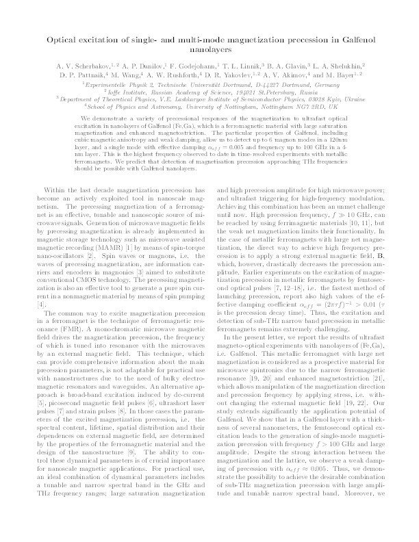 Optical excitation of single- and multi-mode magnetization precession in Fe-Ga nanolayers Thumbnail