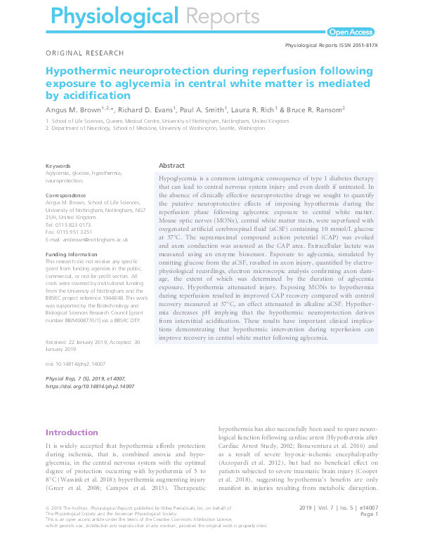 Hypothermic neuroprotection during reperfusion following exposure to aglycemia in central white matter is mediated by acidification Thumbnail