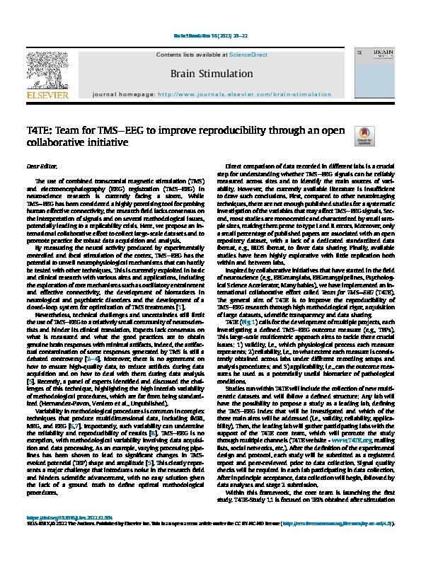 T4TE: Team for TMS−EEG to improve reproducibility through an open collaborative initiative Thumbnail