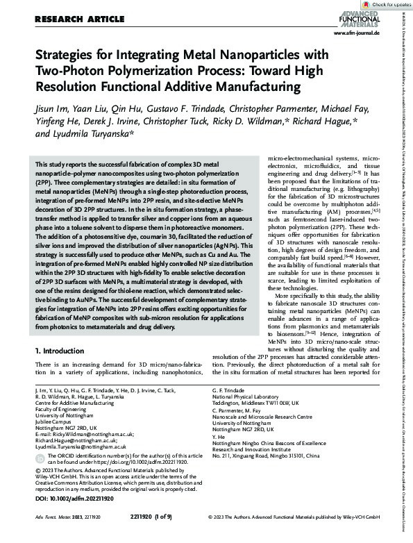 Strategies for Integrating Metal Nanoparticles with Two-Photon Polymerization Process: Toward High Resolution Functional Additive Manufacturing Thumbnail