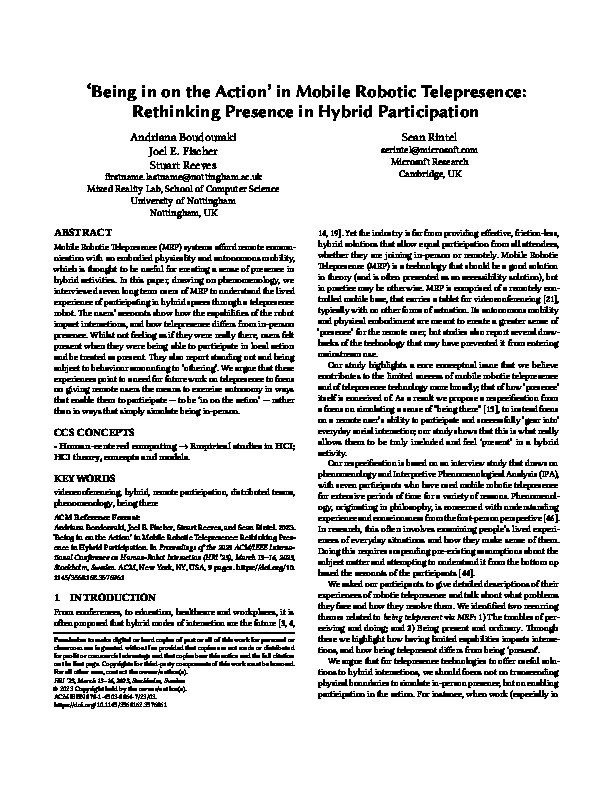 "Being in on the Action" in Mobile Robotic Telepresence: Rethinking Presence in Hybrid Participation Thumbnail